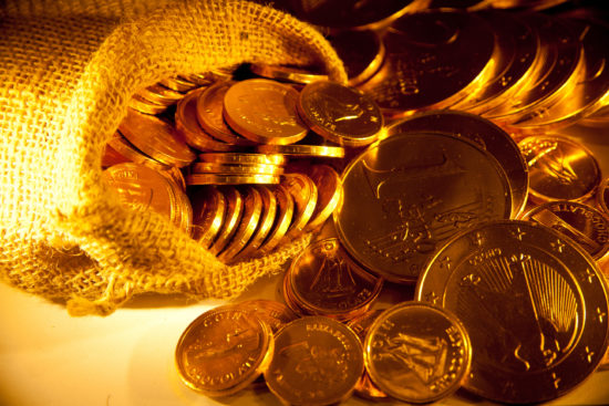 Gold coins in a bag.