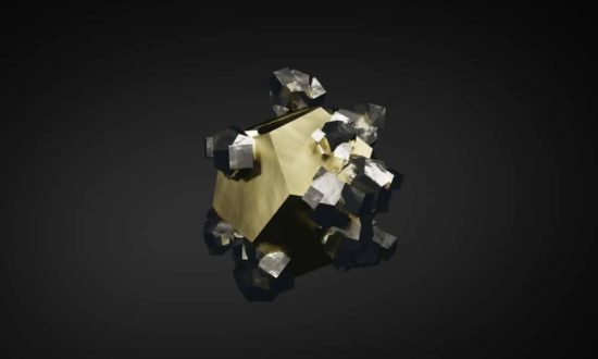A 3D rendering of a pyrite crystal on a black background.