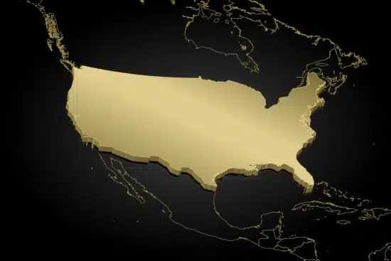 A United States' map drawn in gold on a black background.