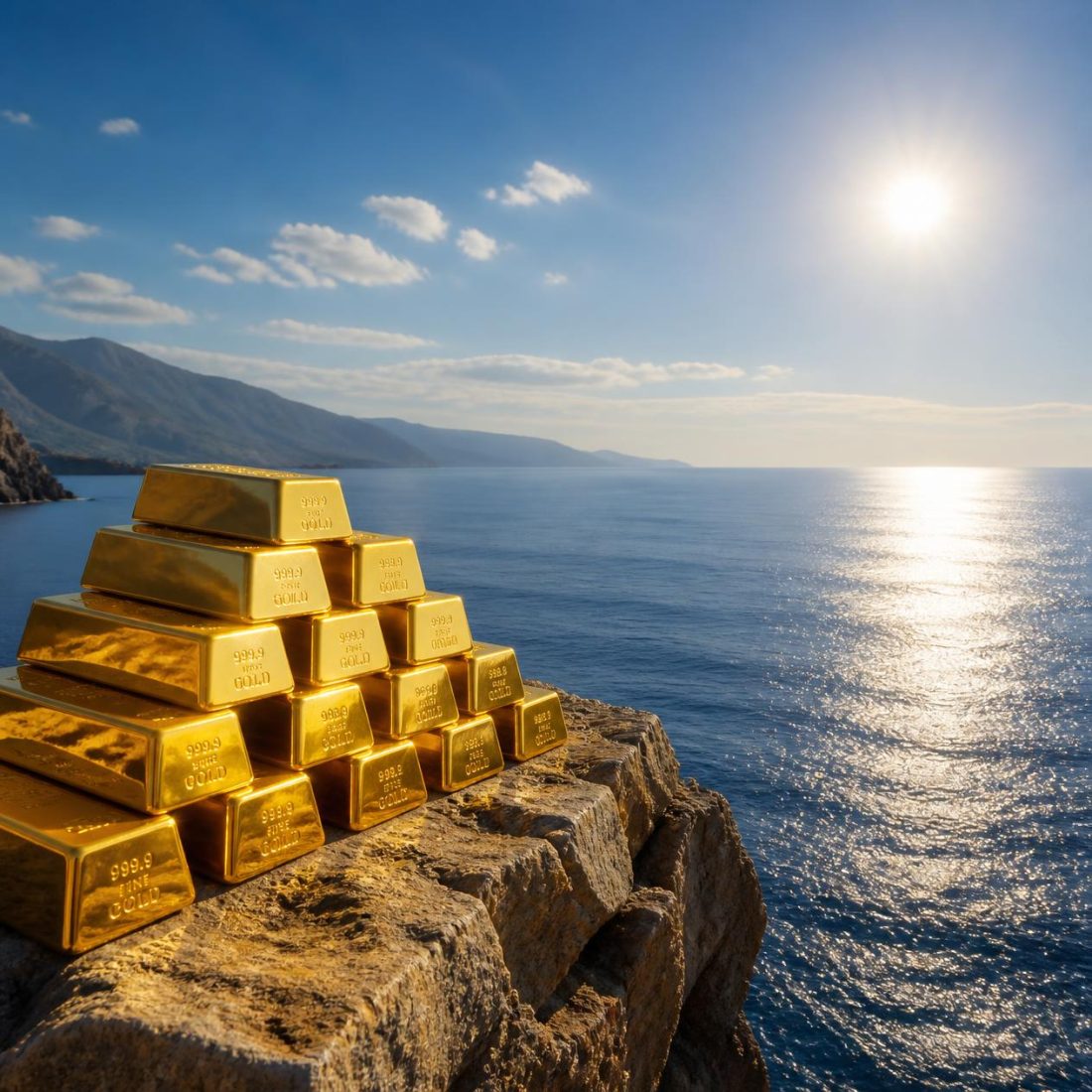 Stack of gold bars overlooking the ocean symbolizing the gold market outlook ahead of key U.S. labor market data and Federal Reserve decisions.