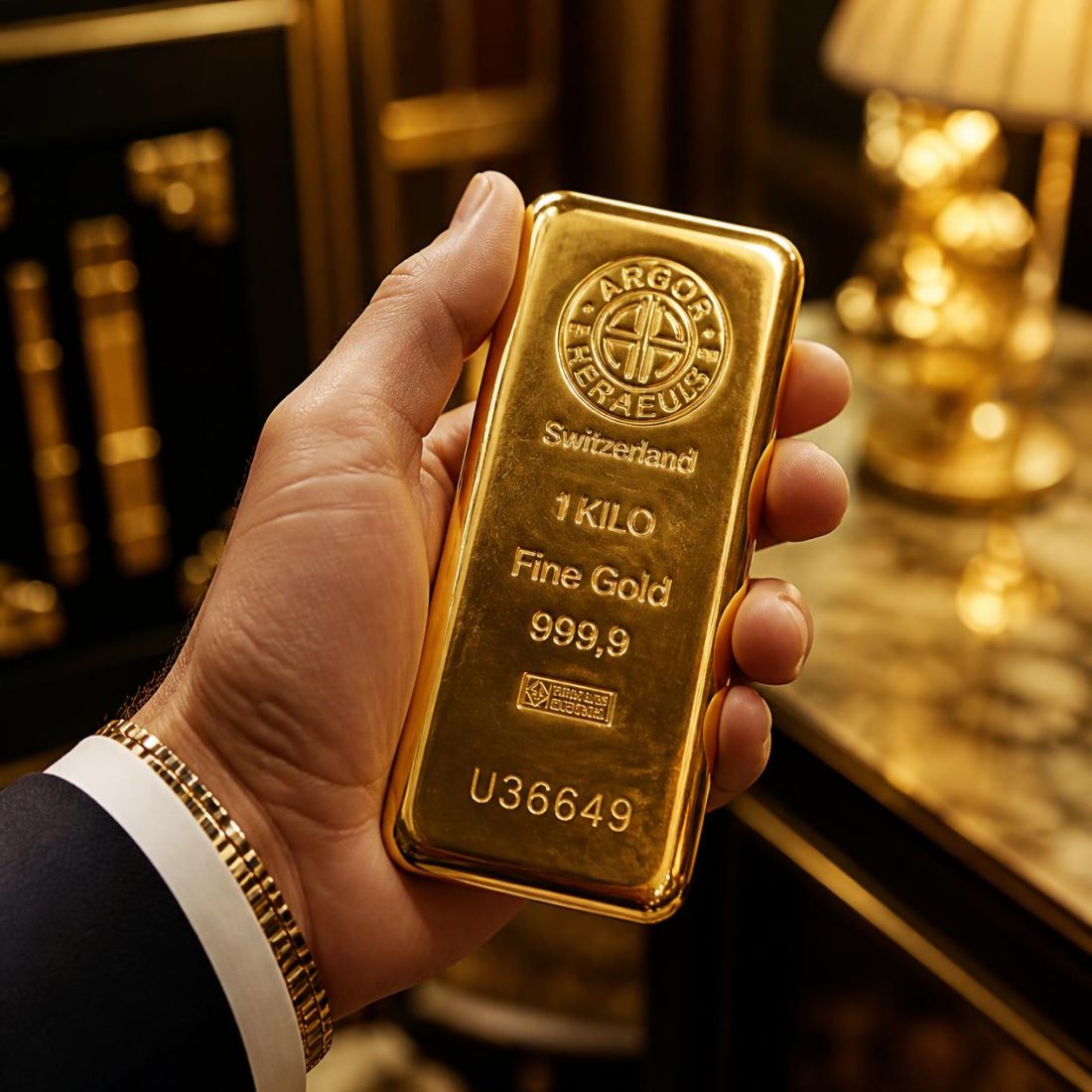 Investor holding a 1-kilogram gold bar representing the gold price outlook amid rising oil prices, Fed uncertainty, and inflation concerns.