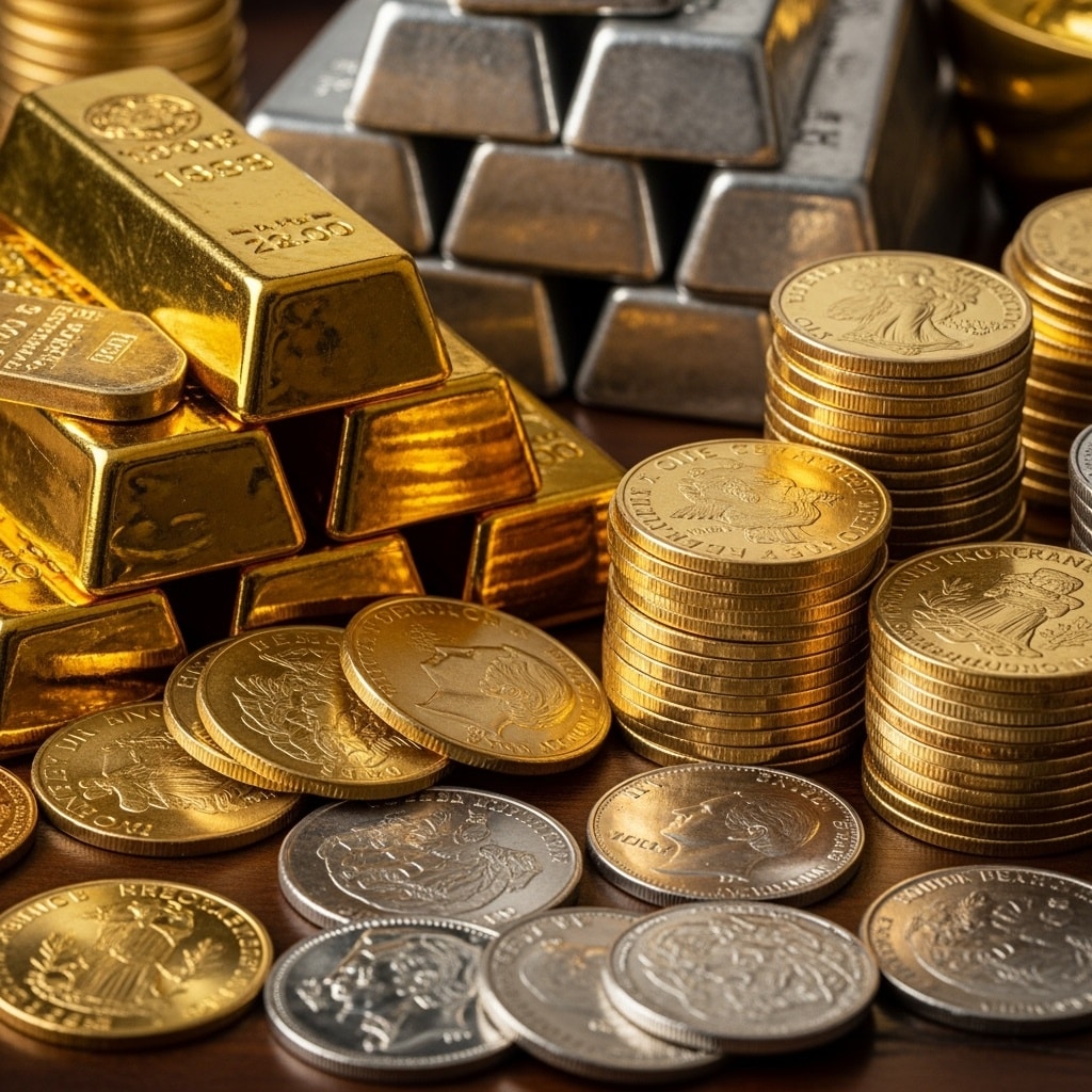 Gold and silver bars stacked beside mixed coins on wooden surface, representing precious metals market volatility