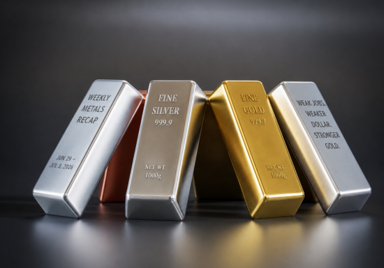 Gold and silver bullion bars illustrating gold surging back after weak jobs data weakened the U.S. dollar and lifted precious metals prices.