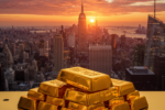 Gold bullion bars stacked against a New York City skyline at sunset, representing the precious metals market outlook amid inflation concerns and Federal Reserve uncertainty
