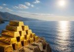 Stack of gold bars overlooking the ocean symbolizing the gold market outlook ahead of key U.S. labor market data and Federal Reserve decisions.