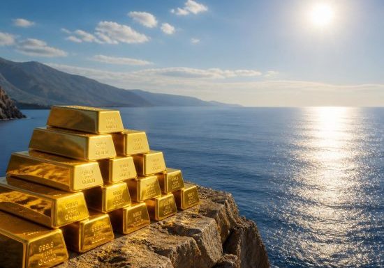 Stack of gold bars overlooking the ocean symbolizing the gold market outlook ahead of key U.S. labor market data and Federal Reserve decisions.