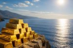 Stack of gold bars overlooking the ocean symbolizing the gold market outlook ahead of key U.S. labor market data and Federal Reserve decisions.