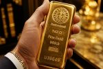 Investor holding a 1-kilogram gold bar representing the gold price outlook amid rising oil prices, Fed uncertainty, and inflation concerns.