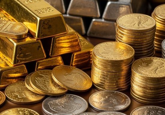 Gold and silver bars stacked beside mixed coins on wooden surface, representing precious metals market volatility