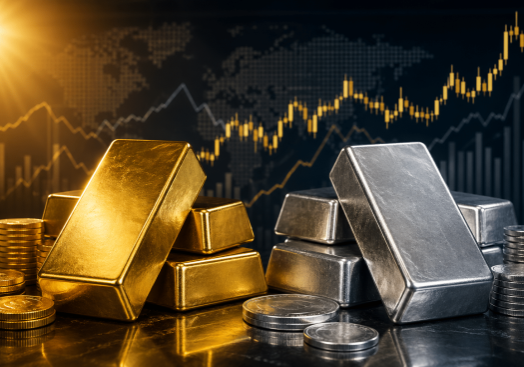 Gold and silver bars stacked with coins