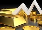 Gold bars and coins arranged with a white upward trending arrow chart against dark background