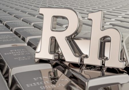 3D rendering of Rhodium bars with the Rh symbol.